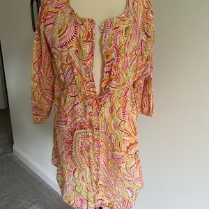 Liz & Co Multicolor Swim Cover-Up Pink Orange Green Yellow Empire Waist XL Dress